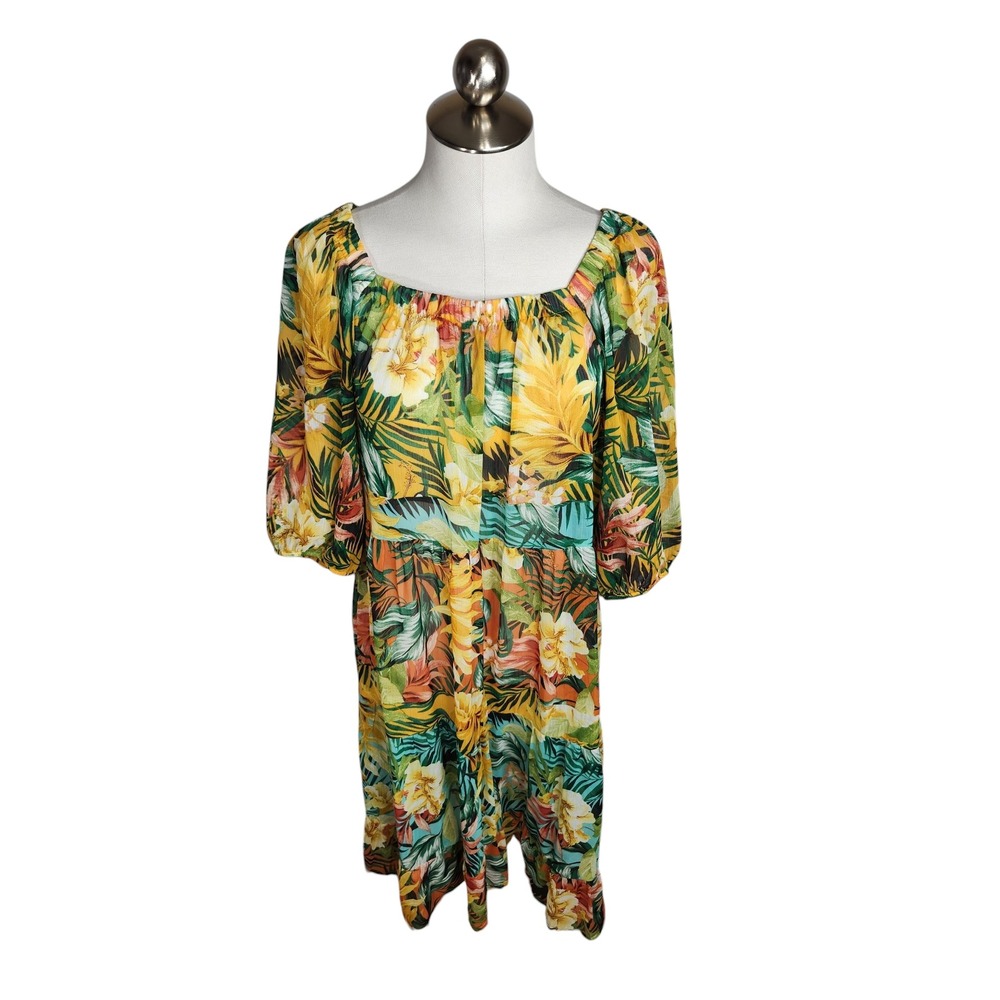 Figueroa & Flower Dress Women Large Multicolor Tropical Floral Tiered Chiffon